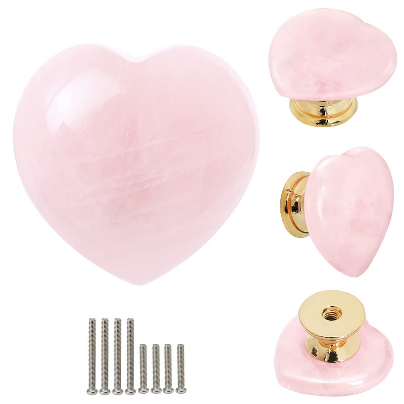 Malimali 4pcs Rose Quartz Heart Cabinet Knobs  Pink Crystal Dresser Drawer Pulls and Knobs for Girls  Cute Gold Knobs for Bifold Closet Door Cupboard Kitchen Bathroom - Image 1